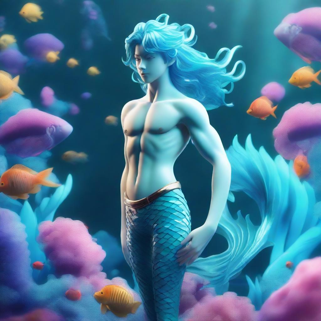 A 3D image of an anime-style merman, featuring a brilliant aquamarine tail, immersed in a vibrant sea world inspired by iconic anime settings.