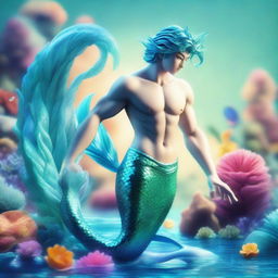 A 3D image of an anime-style merman, featuring a brilliant aquamarine tail, immersed in a vibrant sea world inspired by iconic anime settings.