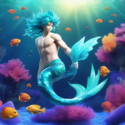 A 3D image of an anime-style merman, featuring a brilliant aquamarine tail, immersed in a vibrant sea world inspired by iconic anime settings.