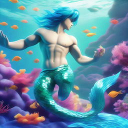 A 3D image of an anime-style merman, featuring a brilliant aquamarine tail, immersed in a vibrant sea world inspired by iconic anime settings.