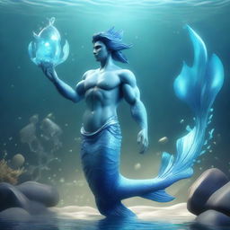 A 3D rendering of an anime-style Aquarius merman, with symbolic water-bearer elements and an aquatic tail, set in a mystical underwater world.