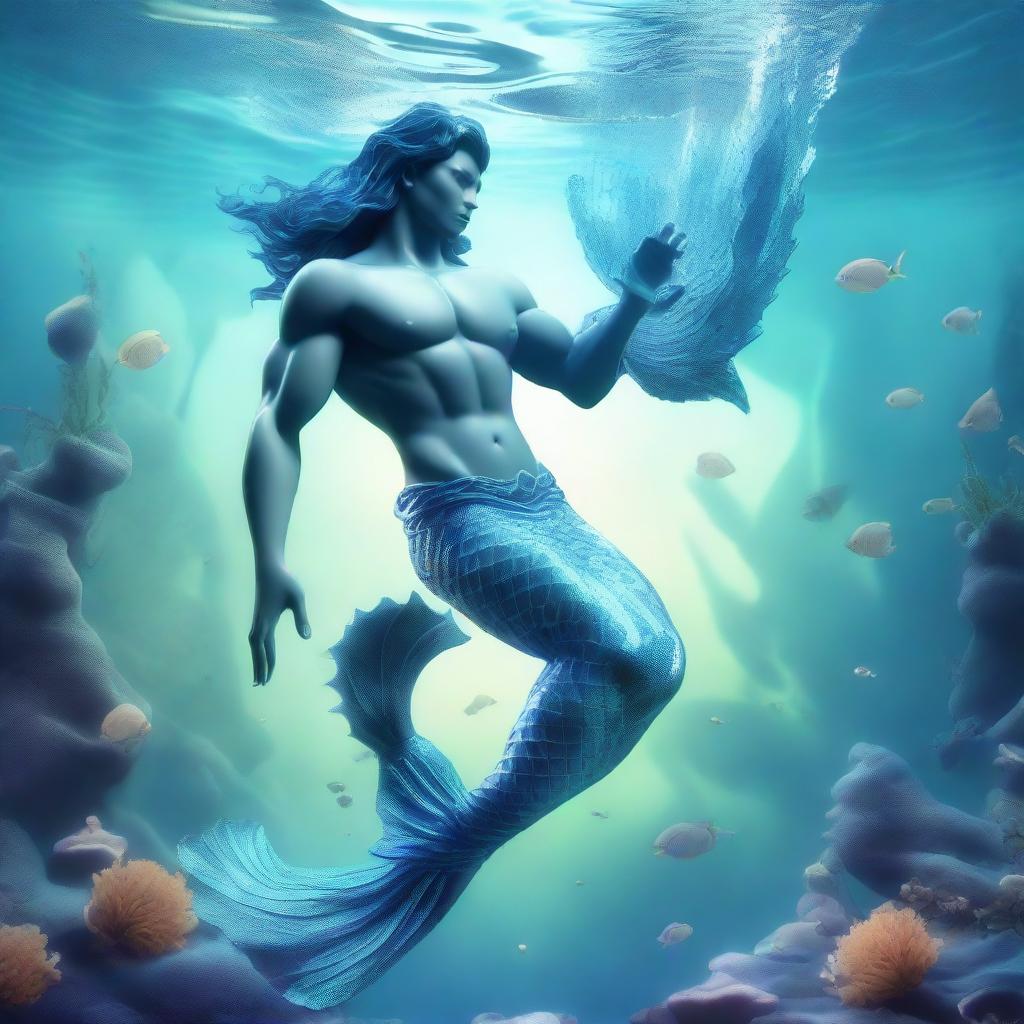 A 3D rendering of an anime-style Aquarius merman, with symbolic water-bearer elements and an aquatic tail, set in a mystical underwater world.