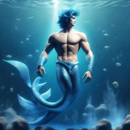 A 3D rendering of an anime-style Aquarius merman, with symbolic water-bearer elements and an aquatic tail, set in a mystical underwater world.