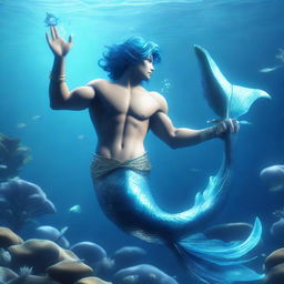 A 3D rendering of an anime-style Aquarius merman, with symbolic water-bearer elements and an aquatic tail, set in a mystical underwater world.