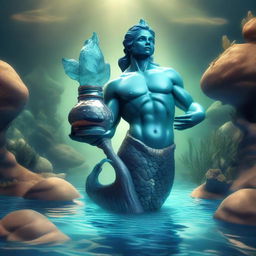 A 3D representation of an Aquarius merman with radiant aquatic features, holding a symbolic water jug and exploring an underwater realm.