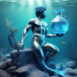 A 3D representation of an Aquarius merman with radiant aquatic features, holding a symbolic water jug and exploring an underwater realm.