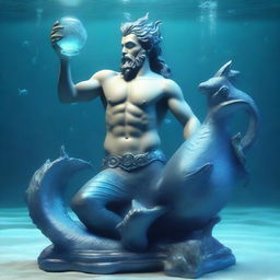 A 3D representation of an Aquarius merman with radiant aquatic features, holding a symbolic water jug and exploring an underwater realm.