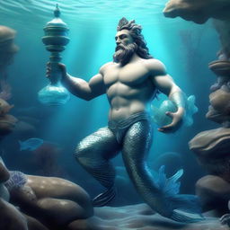 A 3D representation of an Aquarius merman with radiant aquatic features, holding a symbolic water jug and exploring an underwater realm.