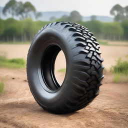 A rubber tyre with an infinity loop skirting its circumference. The loop features a variety of different terrains.