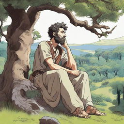 Marcus Aurelius in deep pondering state, resting under a lush tree overlooking an enchanting landscape, all depicted in the evocative Ghibli-inspired art style.