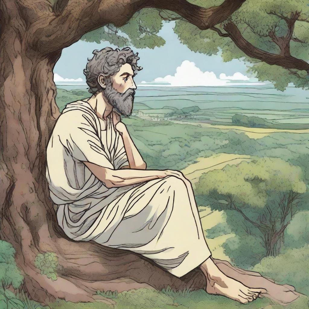 Marcus Aurelius in deep pondering state, resting under a lush tree overlooking an enchanting landscape, all depicted in the evocative Ghibli-inspired art style.