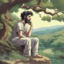 Marcus Aurelius in deep pondering state, resting under a lush tree overlooking an enchanting landscape, all depicted in the evocative Ghibli-inspired art style.