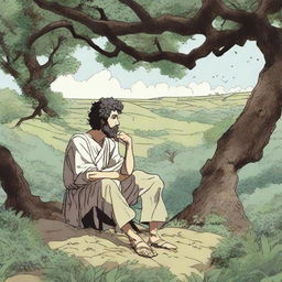 Marcus Aurelius in deep pondering state, resting under a lush tree overlooking an enchanting landscape, all depicted in the evocative Ghibli-inspired art style.