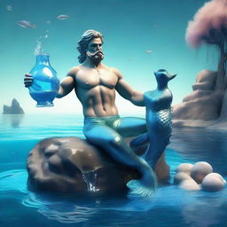 A 3D render of a charming Aquarius merman, exuding an amiable aura, with iconic water jug and set amongst mystical underwater scenery.