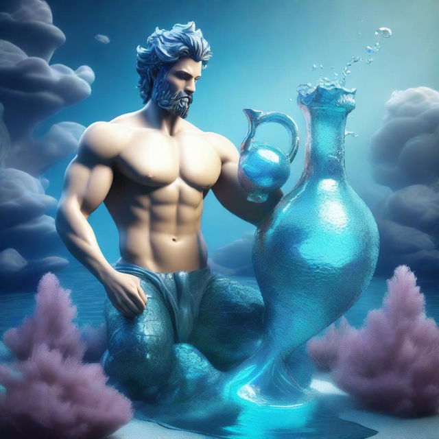 A 3D render of a charming Aquarius merman, exuding an amiable aura, with iconic water jug and set amongst mystical underwater scenery.