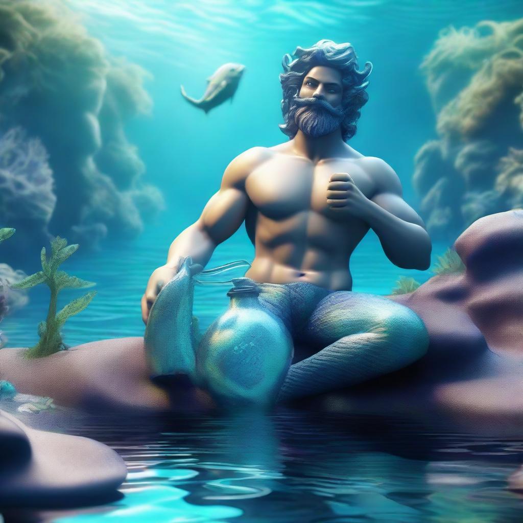 A 3D render of a charming Aquarius merman, exuding an amiable aura, with iconic water jug and set amongst mystical underwater scenery.