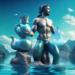 A 3D render of a charming Aquarius merman, exuding an amiable aura, with iconic water jug and set amongst mystical underwater scenery.