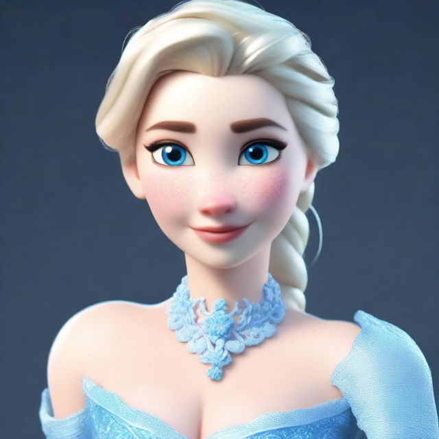 A 3D model of Elsa, the renowned character from Frozen, with her signature light blue gown and platinum blonde braid, exuding power and authority