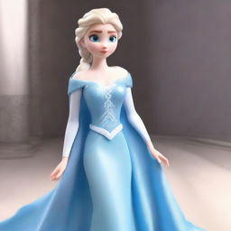 A 3D model of Elsa, the renowned character from Frozen, with her signature light blue gown and platinum blonde braid, exuding power and authority