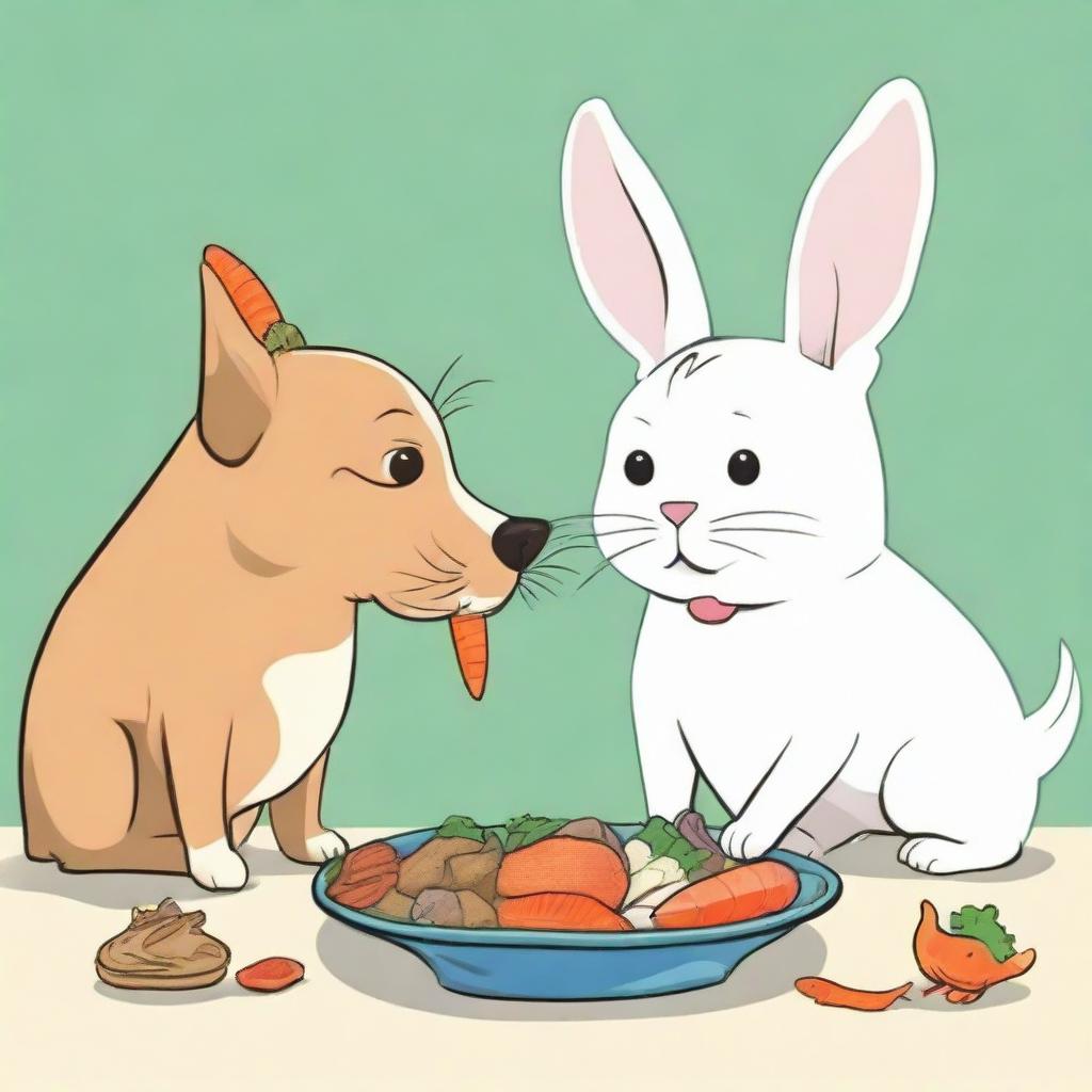 A dog and a cat peacefully eating their food side-by-side, with a bunny munching on a carrot. Place a caged bird and a fish in a fishbowl at the bottom of the image for variety.