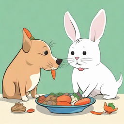 A dog and a cat peacefully eating their food side-by-side, with a bunny munching on a carrot. Place a caged bird and a fish in a fishbowl at the bottom of the image for variety.