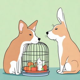 A dog and a cat peacefully eating their food side-by-side, with a bunny munching on a carrot. Place a caged bird and a fish in a fishbowl at the bottom of the image for variety.