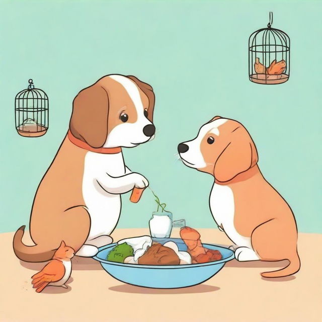 A dog and a cat peacefully eating their food side-by-side, with a bunny munching on a carrot. Place a caged bird and a fish in a fishbowl at the bottom of the image for variety.