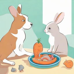 A dog and a cat peacefully eating their food side-by-side, with a bunny munching on a carrot. Place a caged bird and a fish in a fishbowl at the bottom of the image for variety.