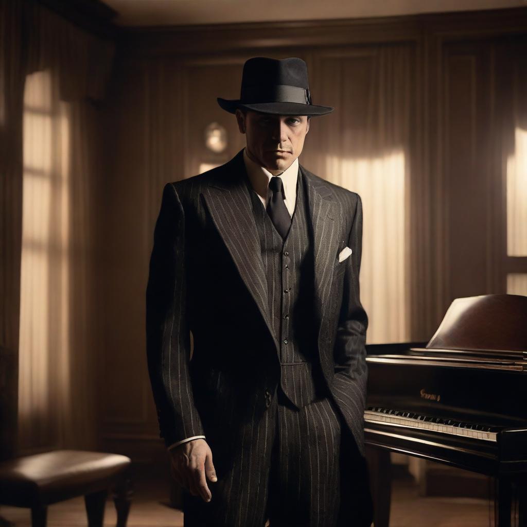 A 1920s era classic gangster, dressed in a pinstripe suit and a fedora, standing next to a grand piano. He's holding a Tommy gun casually but menacingly. The setting is a smoky, dimly lit speakeasy