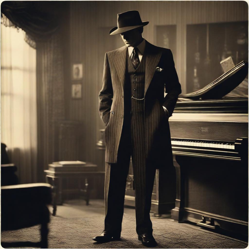 A 1920s era classic gangster, dressed in a pinstripe suit and a fedora, standing next to a grand piano. He's holding a Tommy gun casually but menacingly. The setting is a smoky, dimly lit speakeasy