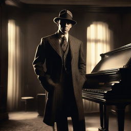 A 1920s era classic gangster, dressed in a pinstripe suit and a fedora, standing next to a grand piano. He's holding a Tommy gun casually but menacingly. The setting is a smoky, dimly lit speakeasy