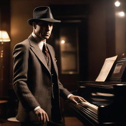 A 1920s era classic gangster, dressed in a pinstripe suit and a fedora, standing next to a grand piano. He's holding a Tommy gun casually but menacingly. The setting is a smoky, dimly lit speakeasy