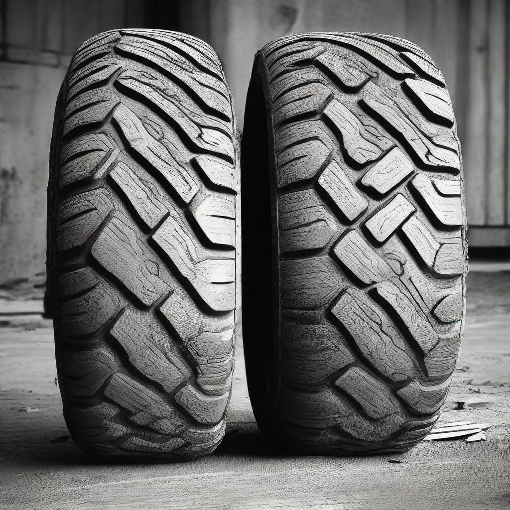 A pair of tyres, each marked with rough, rugged patches