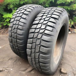 A pair of tyres, each marked with rough, rugged patches