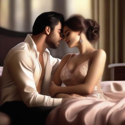 A high-quality digital art piece capturing a romantic scene of a woman trying to seduce her husband