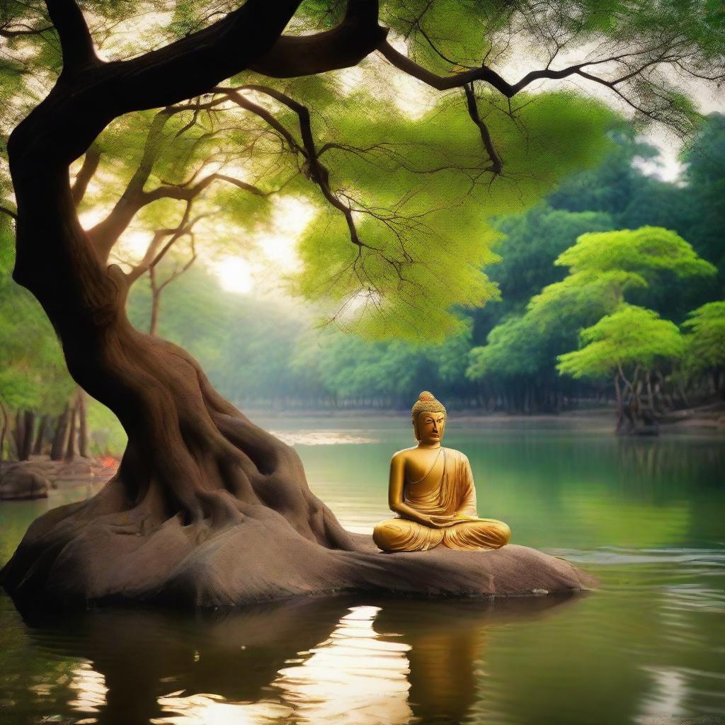 A serene image of Gautam Buddha meditating under a lush tree near a gently flowing river.