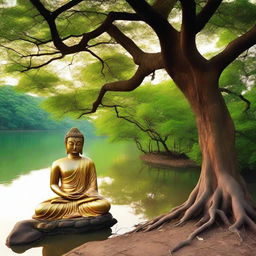 A serene image of Gautam Buddha meditating under a lush tree near a gently flowing river.