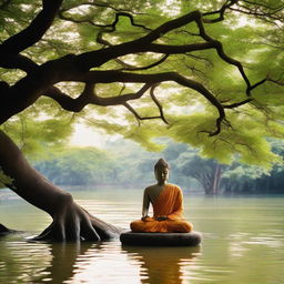 A serene image of Gautam Buddha meditating under a lush tree near a gently flowing river.