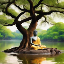 A serene image of Gautam Buddha meditating under a lush tree near a gently flowing river.