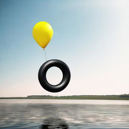 A scene with a tyre inflated and floating like a balloon