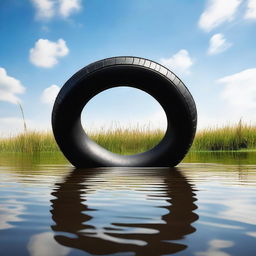 A scene with a tyre inflated and floating like a balloon