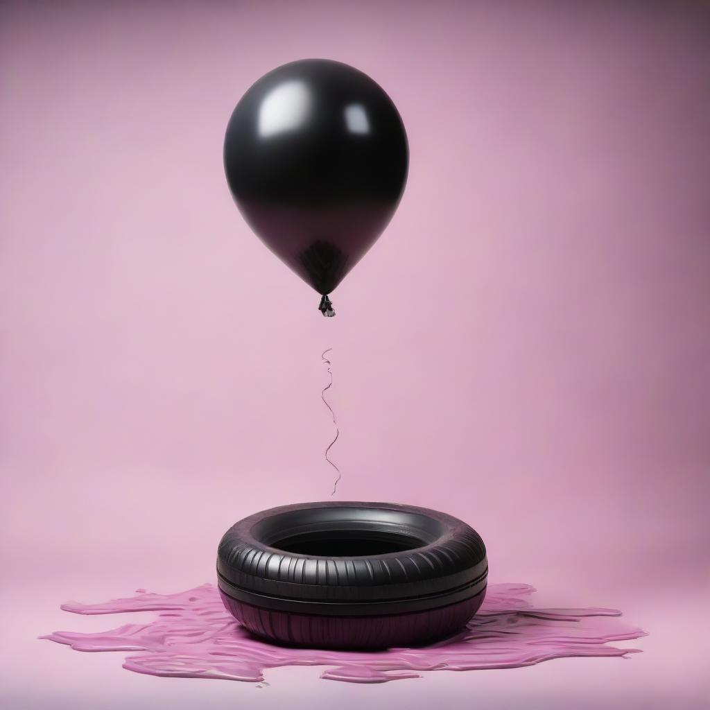 A scene with a tyre inflated and floating like a balloon