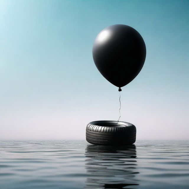 A scene with a tyre inflated and floating like a balloon