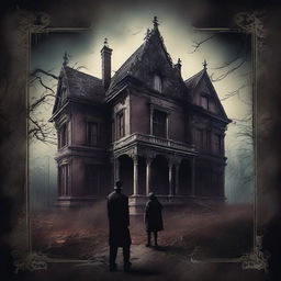 A vintage styled book cover showcasing a man exploring a creepy, gothic mansion filled with elements of horror, text overlay for title and author, set in the atmosphere of the 90s