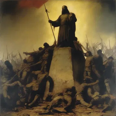The painting depicted the subjugator towering over a defeated army, symbolizing the oppression of power.