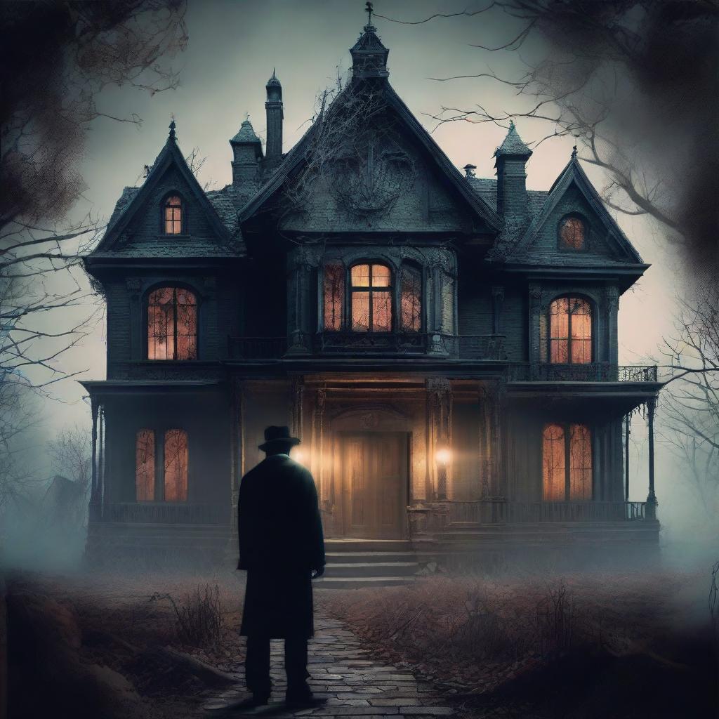 A vintage styled book cover showcasing a man exploring a creepy, gothic mansion filled with elements of horror, text overlay for title and author, set in the atmosphere of the 90s