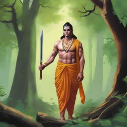 Lord Ram, clad in traditional attire, standing solemnly in a lush, ancient forest, with a gleaming knife in his hand.