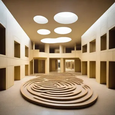 The interior of the modernist building features a unique labyrinth-like layout that acts as a mystifier for visitors, making navigation a captivating puzzle.