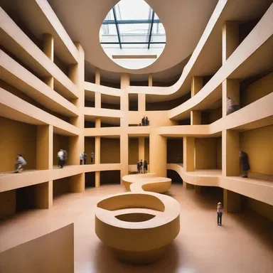 The interior of the modernist building features a unique labyrinth-like layout that acts as a mystifier for visitors, making navigation a captivating puzzle.