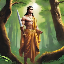 Lord Ram, clad in traditional attire, standing solemnly in a lush, ancient forest, with a gleaming knife in his hand.